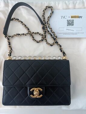 CHANEL Black Quilted Leather Pearl-Trim Crossbody with Gold Chain